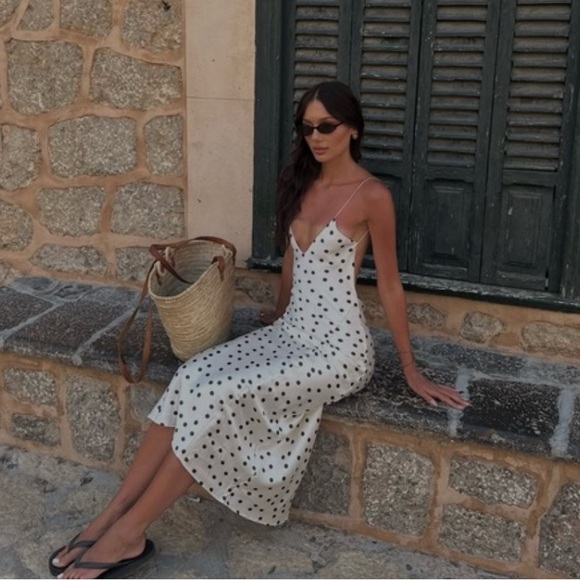 Zara NWT satin polka dot midi dress white with brown 3067/214 - Picture 6 of 16